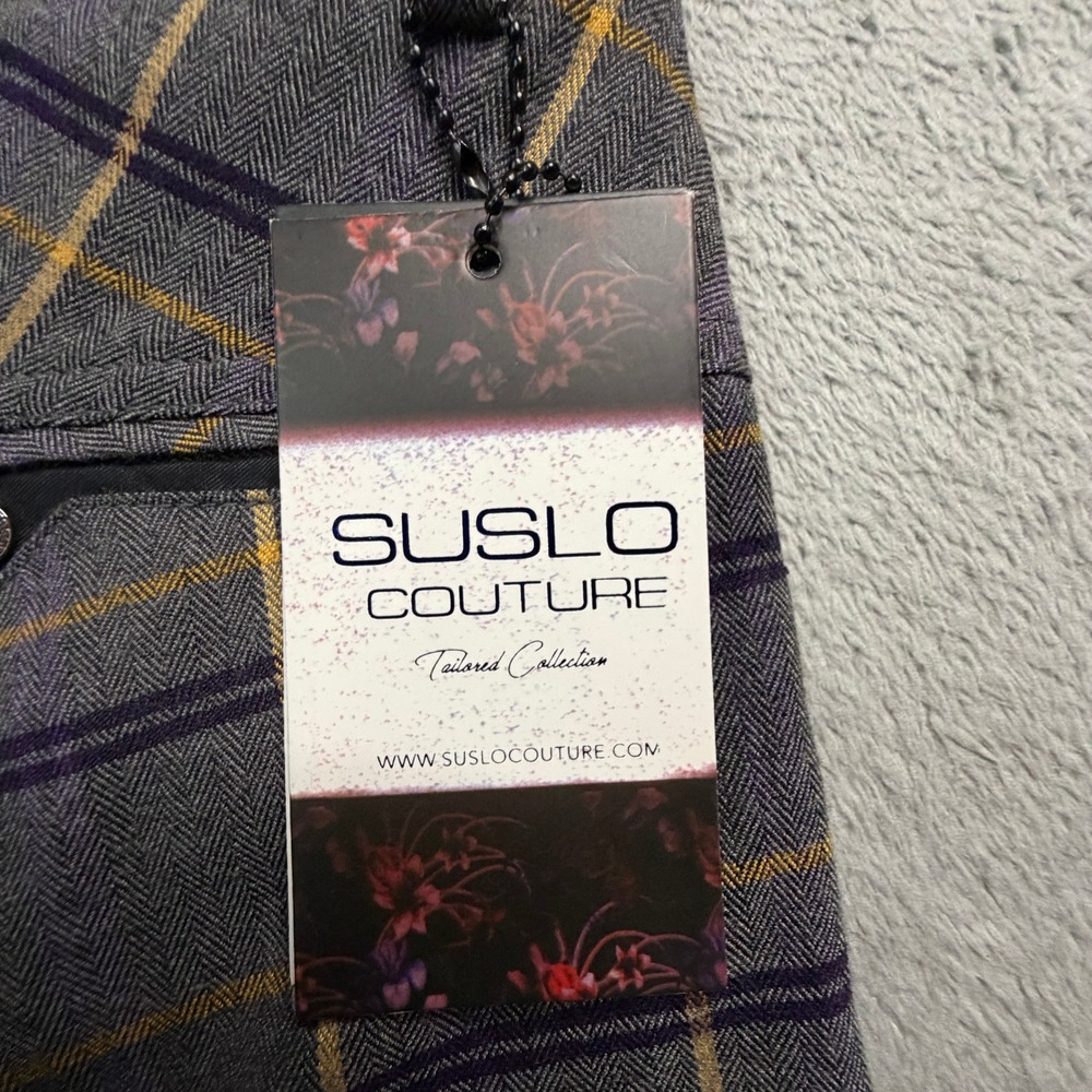 Suslo Couture Mens Grey Yellow Plaid Tailored Slim Fit Dress Pants W36 L32 NWT - Picture 6 of 12
